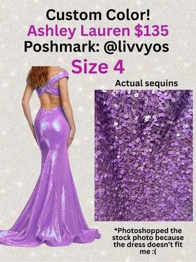 CUSTOM COLOR Ashley Lauren Lavender Sequin Open Back off-the-Shoulder Slit Gown